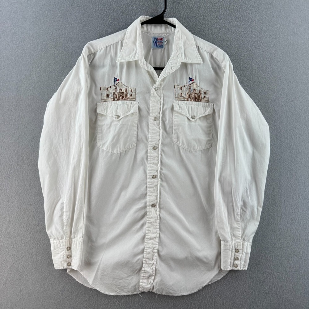 Vintage 60s Levis Western Wear Shirt Mens 15 x 32 White Cotton Pearl Snap Alamo